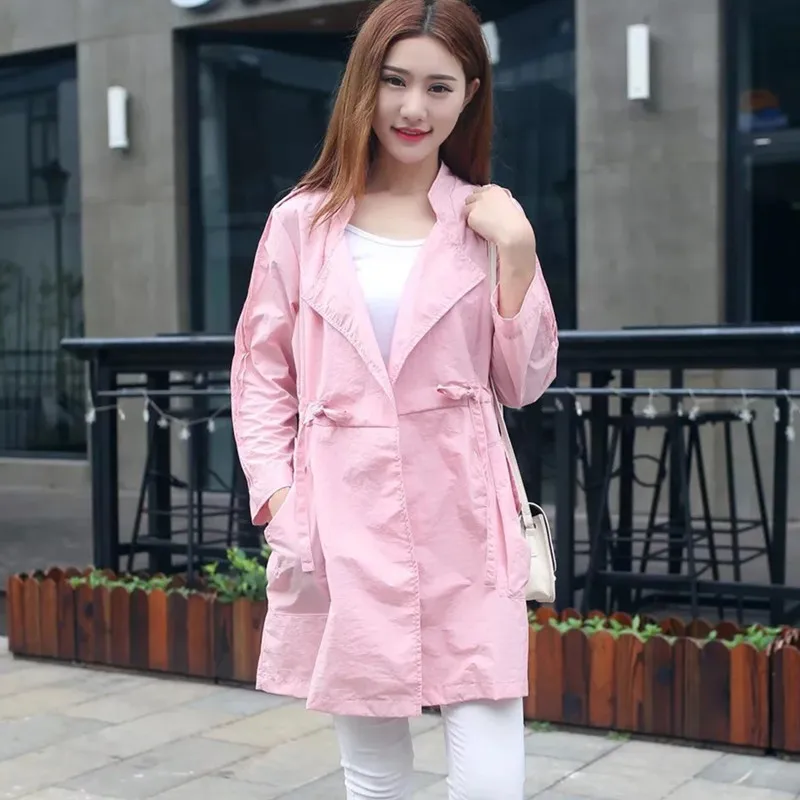UHYTGF Oversized spring trench coat for women belt Loose thin Lady Pure color Wild Medium long ladies windbreaker coats1385 | Женская