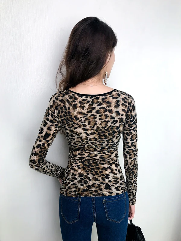 spring sexy style Low-cut Women's Clothing leopard Slim t shirts long sleeve fashion brands corset club tees v-neck new | Женская