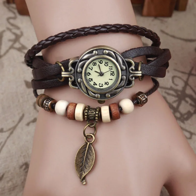 

6PC Womens Casual Bracelet Weave Wrap Quartz Classic Leather Leaf Beads Wrist Watches 2019 Clock Gift Feminino For Women QC7