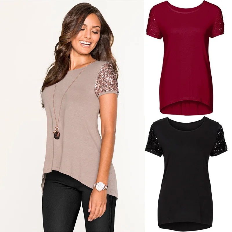 

Summer Women Sequin Patchwork T Shirt Fashion Female Short Sleeve Tops T-shirt Women Clothing Solid Plus size Loose Tops Tee