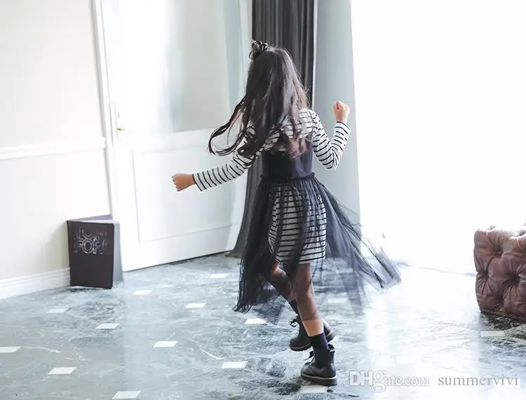 Большие Девочки платье Осень детей принцессы набор дети полосы с длинным рукавом