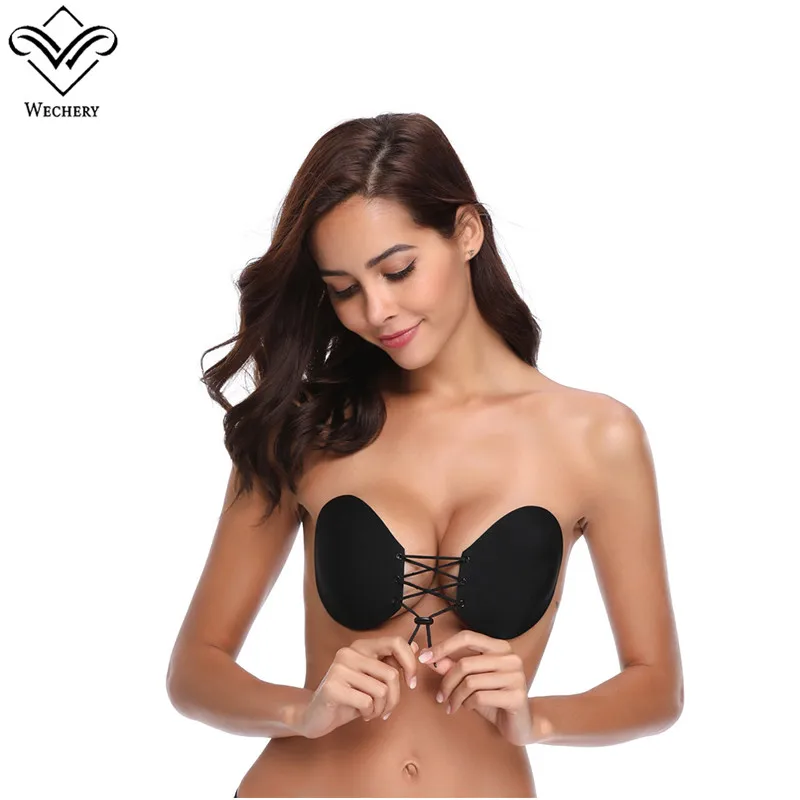 Wechery Strapless Bra Womens Backless Push Up Seamless One Piece Bras Sexy Lace Up Adhesive Plus Size Lingerie