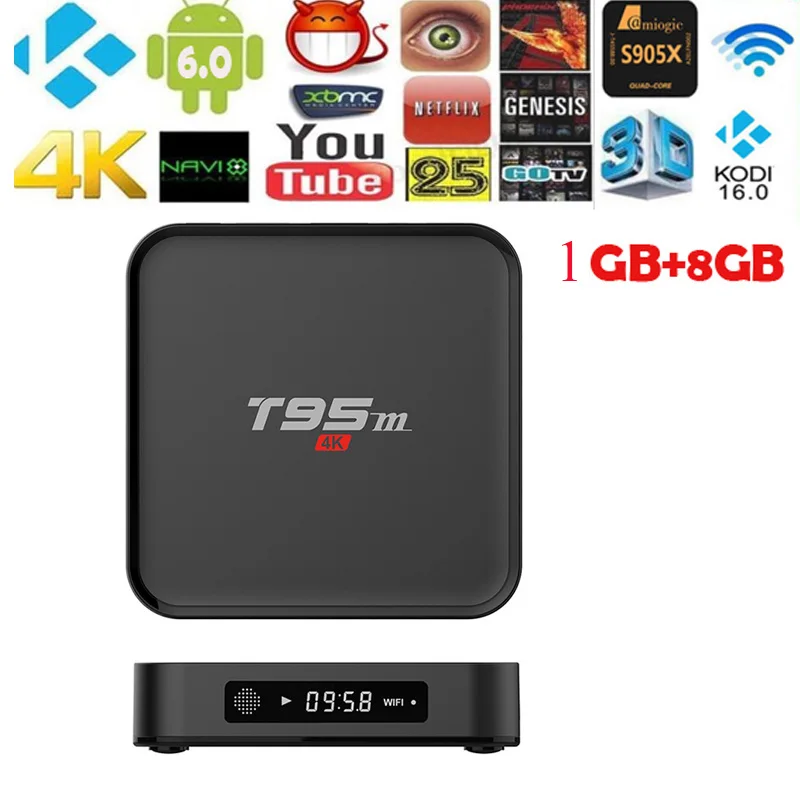 

ТВ-приставка T95M, Android 6,0, Wi-Fi, 8 ГБ, четырехъядерный Amlogic S805, 2,4G, 4K, 3D Ethernet, 100 м, с пультом дистанционного управления
