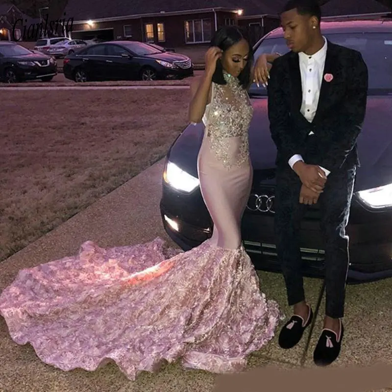 

Sexy Lace Applique Crystal Beads High Neck Mermaid Prom Dresses Sleeveless 3D Rose Train Evening Gown robe de soiree Graduation