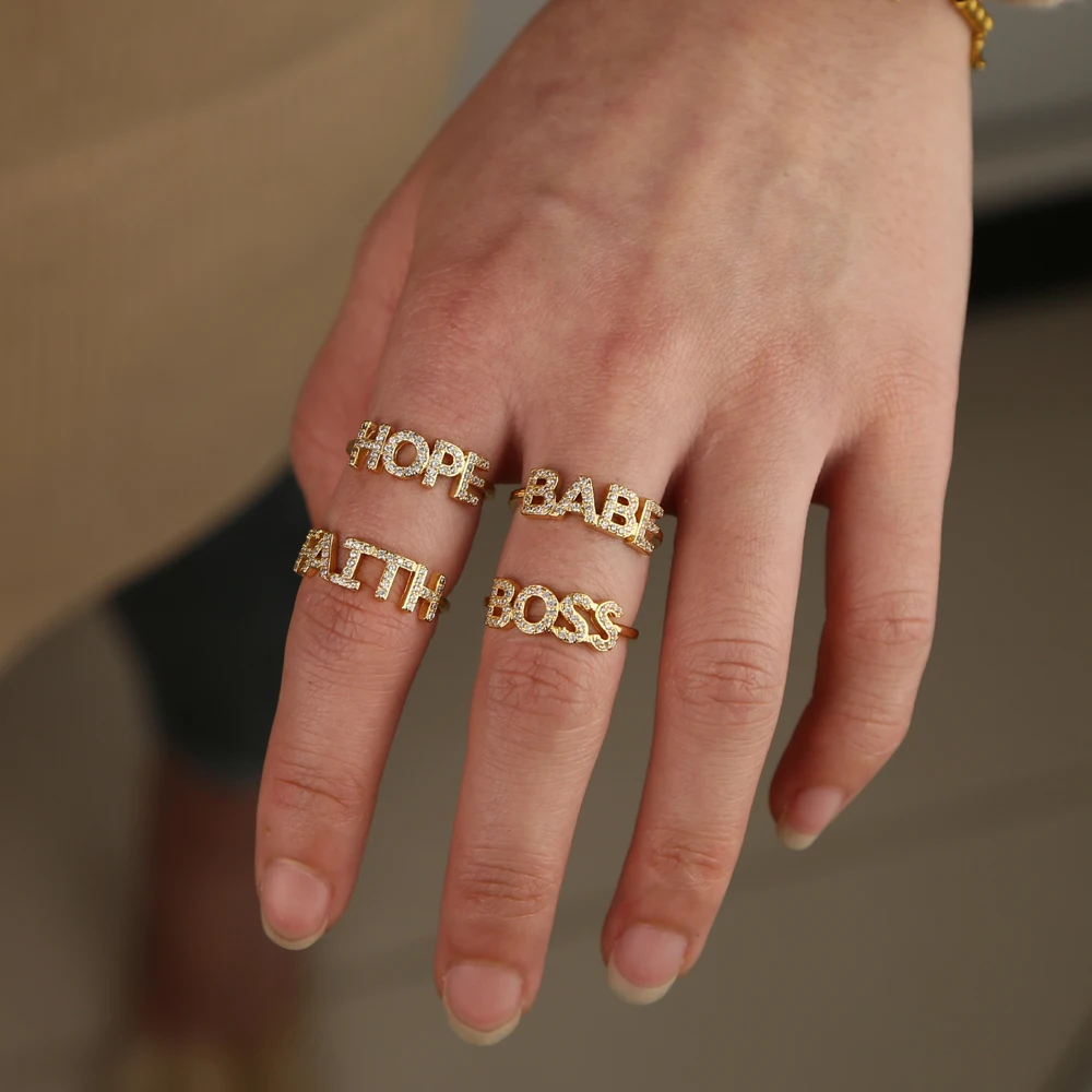 

letter ring micro pave cz Gold filled BABE BOSS HOPE FAITH custom letters fashion rings