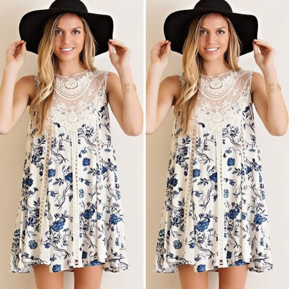 Womens Summer Dresses 2019 Print Flower Lace Mini Party Sexy Club Casual Vintage Beach Sun Dress Plus Size | Женская одежда