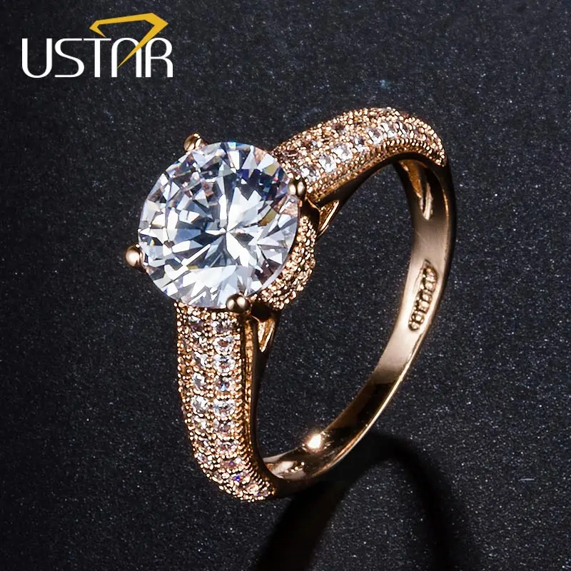 

USTAR 1.25ct 7mm AAA Zircon wedding Rings for women Jewelry Rose Gold color Crystals engagement rings female Anel top quality