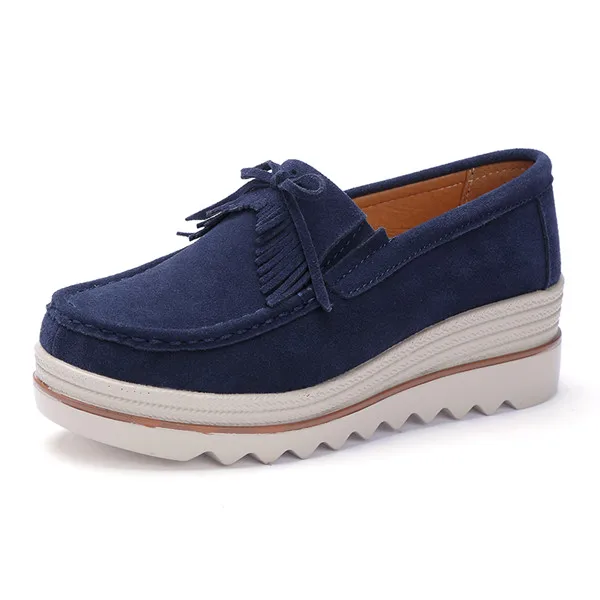 Tassel blue Осень Для женщин обувь на платформе без застежки; кроссовки; Кожаные Замшевые женские туфли на каждый день; женская обувь на плоской подошве задники, обувь на толстой резине; женские мокасины; женские 3088 - Цвет: Tassel blue