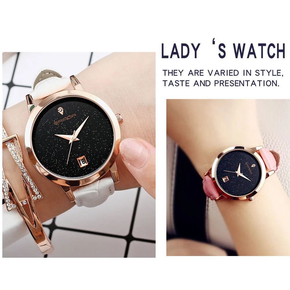 Женские кварцевые часы SANDA с кожаным ремешком и круглыми циферблатами|watch f|watch