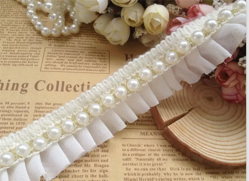 2 ярдов Винтаж белый жемчуг бисером хлопок шифон Вышитые Кружево отделка Лента