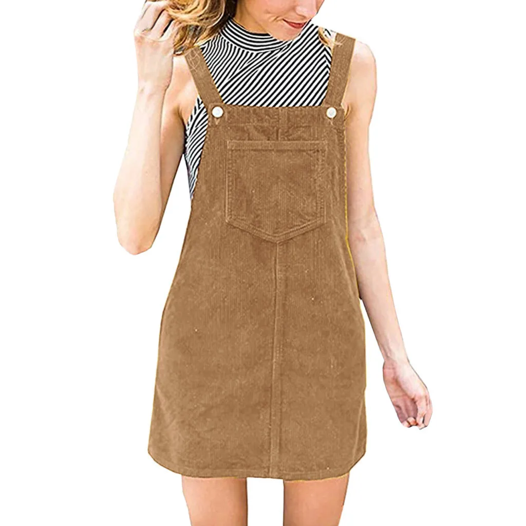 Женское прямое вельветовое платье на бретельках повседневное короткое