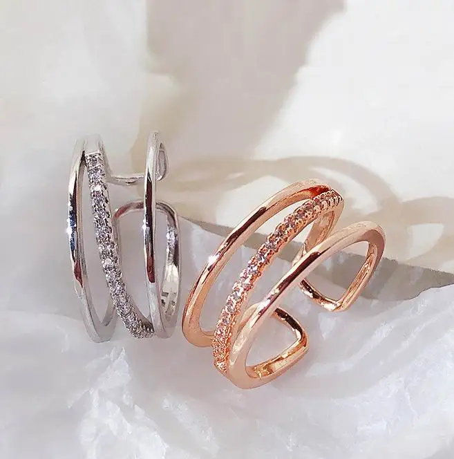Корейские модные кольца женские розовое золото/серебряный цвет 3 слоя открытое Ювелирное кольцо регулируемые Bijoux