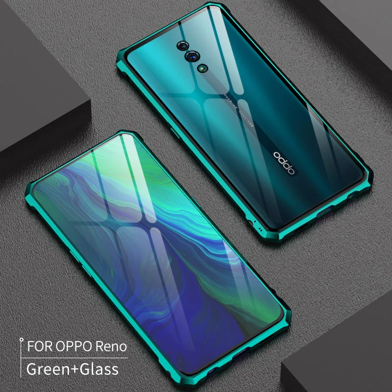 Green Роскошный Алюминиевый металлический защитный чехол для OPPO Reno ударопрочный прозрачный стеклянный задний Чехол OPPO Reno чехол алюминиевый бампер etui - Цвет: Green