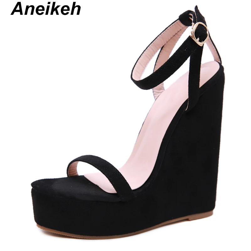Aneikeh/; босоножки из искусственной кожи для отдыха; женские летние туфли на очень высокой танкетке; однотонные туфли на платформе с пряжкой и ремешком; цвет черный, оранжевый; Размеры 4-9