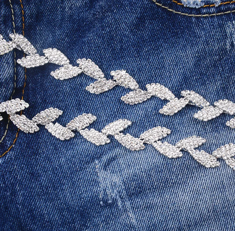 1 ярд листьев Стразы Лента с цепочкой Серебряная Хрустальная аппликация