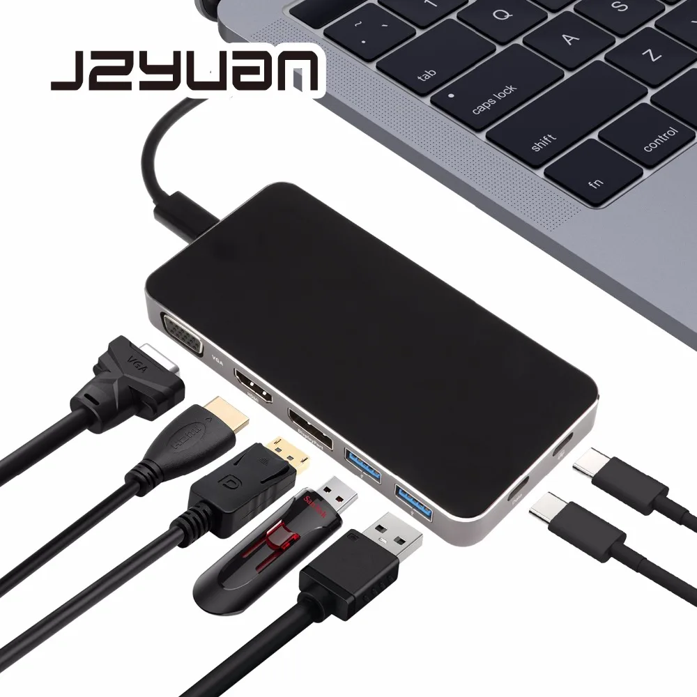 JZYuan 7 IN 1 USB-C Type C 3.1 Hub to HDMI DP VGA 1080P Video Adapter With PD Power Delivery Dual USB 3.0 HUB | Компьютеры и офис