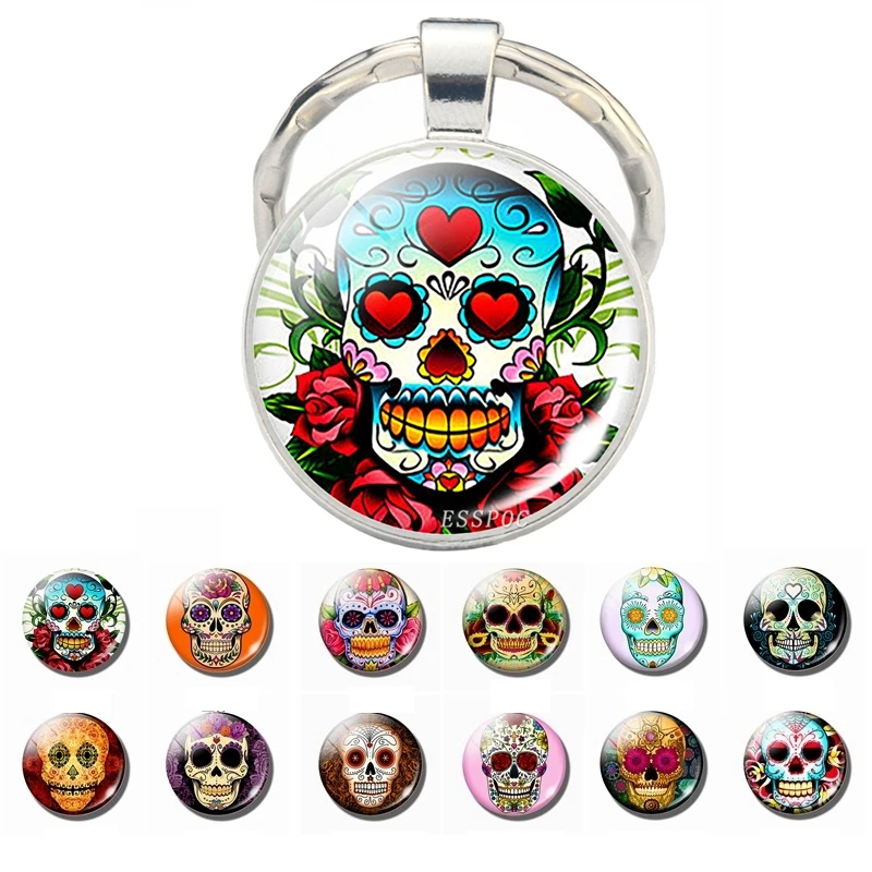 

Sugar Skull Keychain Mexico Folk Art Sugar Skull Glass Pendant Metal Keyring Day of the Dead Jewelry Gift Halloween Gift