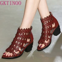 gktinoo 2022 new summer retro style hand woven real leather sandals thick heel soft bottom women shoes elegant fashion sandals