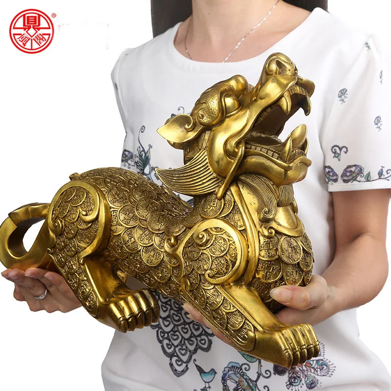 

38CM huge# SHOP Company hall Lobby Porch anteroom efficacious Mascot Inviting money wealth GOLD dragon PI XIU FENG SHUI statue