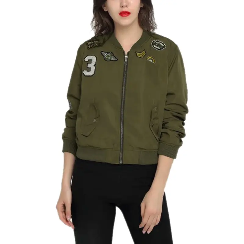 Женское пальто армейское зеленое с нашивками|jacket coat|army green bomber jacketwomen coat |