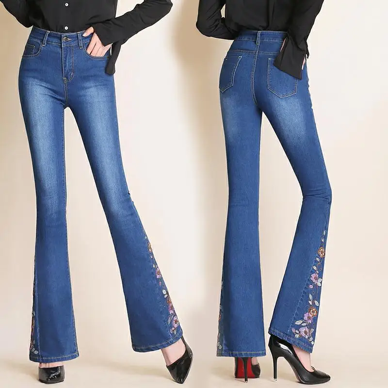 Embroidered micro-horn jeans women spring and autumn new high waist slim embroidered flared pants wide leg trousers |
