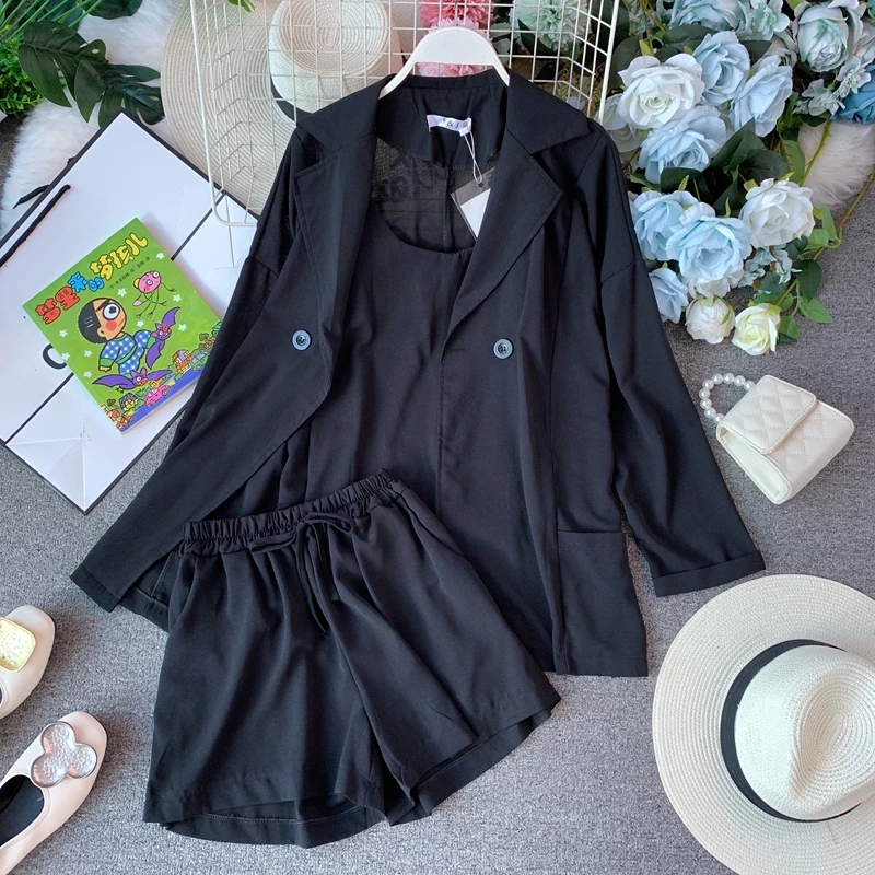 ALPHALMODA Лето Осень женский жакет с длинным рукавом+ топ на бретельках+ шорты повседневный комплект из 3 предметов женский однотонный наряд - Цвет: Черный
