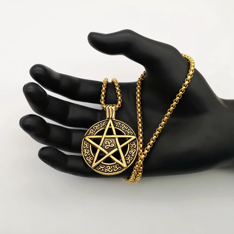 Подвеска с пентаклем в стиле панк Золотая подвеска пентаграммой из нержавеющей