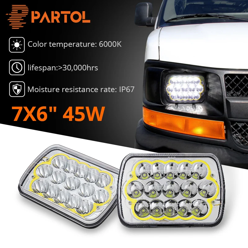 Partol 7x6 дюймов светодиодный фар H4 Hi/короче спереди и длиннее сзади) луч 45 Вт