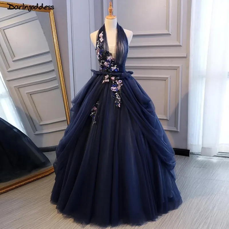 Navy Blue Сексуальным вырезом на спине и лямкой на шее военно-морской флот голубое праздничное платье Сладкий 16 платья светится в течение 15 лет бальное платье Пышное вечернее платье для выпускного бала - Цвет: Navy Blue