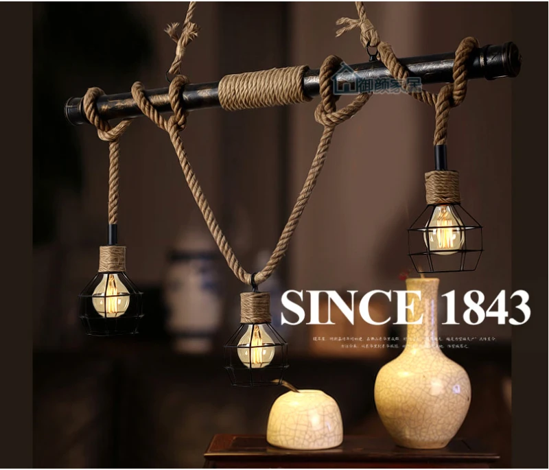 

American Country E27 Edison Industrial Vintage Metal Water Pipe Hemp Rope Pendant Light Home Decoration Drop Lamp Rustic Loft