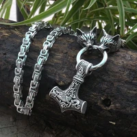 men stainless steel necklace viking wolf head with viking mjolnir hammer pendant norse talisman ethnic jewelry