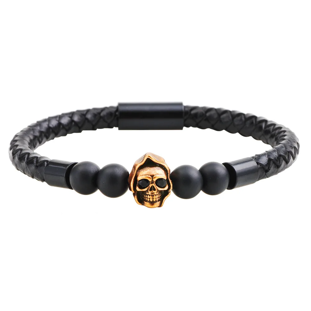 2018 высококачественные мужские браслеты с бусинами чёрные кожаные золотого и