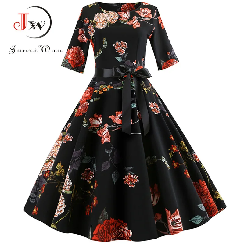 C001 half sleeve Винтажное рождественское платье с принтом, женское элегантное вечернее платье с рукавом-лепестком, одежда для девушек, повседневное зимнее платье миди размера плюс - Цвет: C001 half sleeve