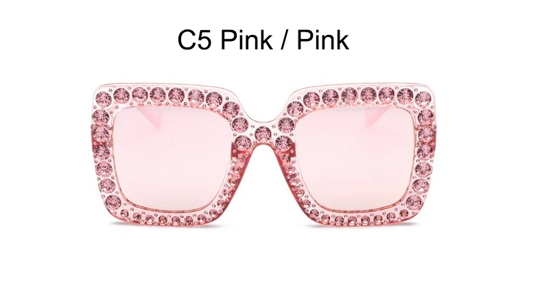 C5 Pink Pink Брендовые розовые солнцезащитные очки для женщин с кристаллами и камнями, высокое качество, женские дизайнерские квадратные большие Светоотражающие рамки, черный чехол - Цвет линз: C5 Pink Pink