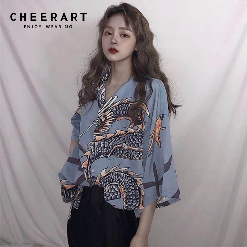 Длинное японское кимоно Cheerart женская летняя блузка с треугольным вырезом синяя
