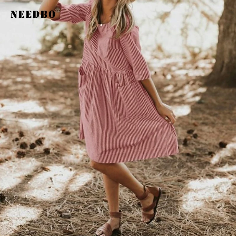NEEDBO Summer Dresses Large Size Casual O Neck Half Sleeve Pocket Party Dress Work Stripe Ladies Women Elegant Vestidos | Женская одежда
