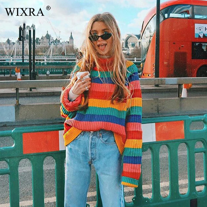 Женский свободный свитер с высоким воротом Wixra Радужный пуловер длинными