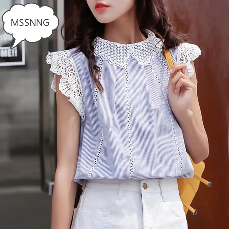 MSSNNG Real Shot/Новая Летняя ажурная рубашка с кружевным низом полосатая коротким