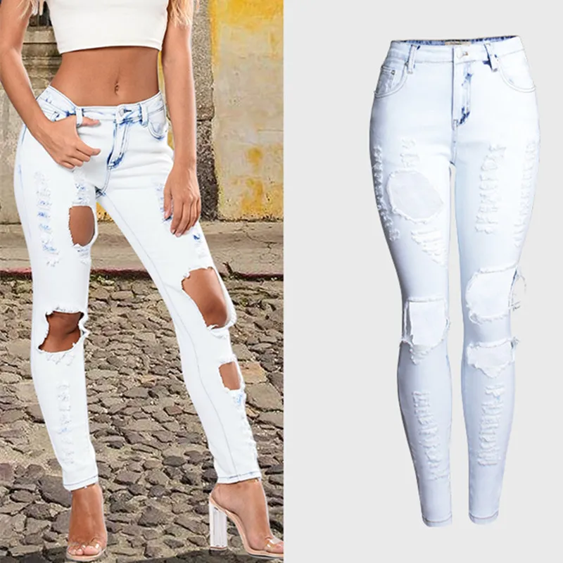 2018 Женская одежда с высокой талией узкие эластичные потертые джинсовые брюки