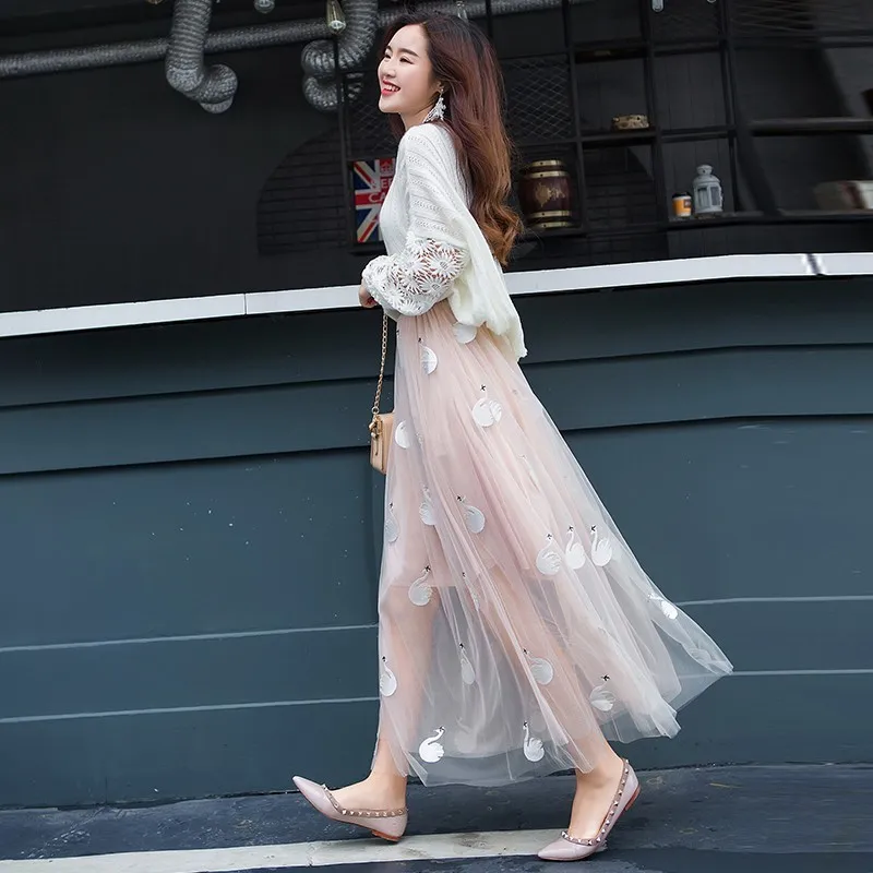 Длинная юбка с вышивкой лебедя плиссированная Тюлевая s для женщин черная серая