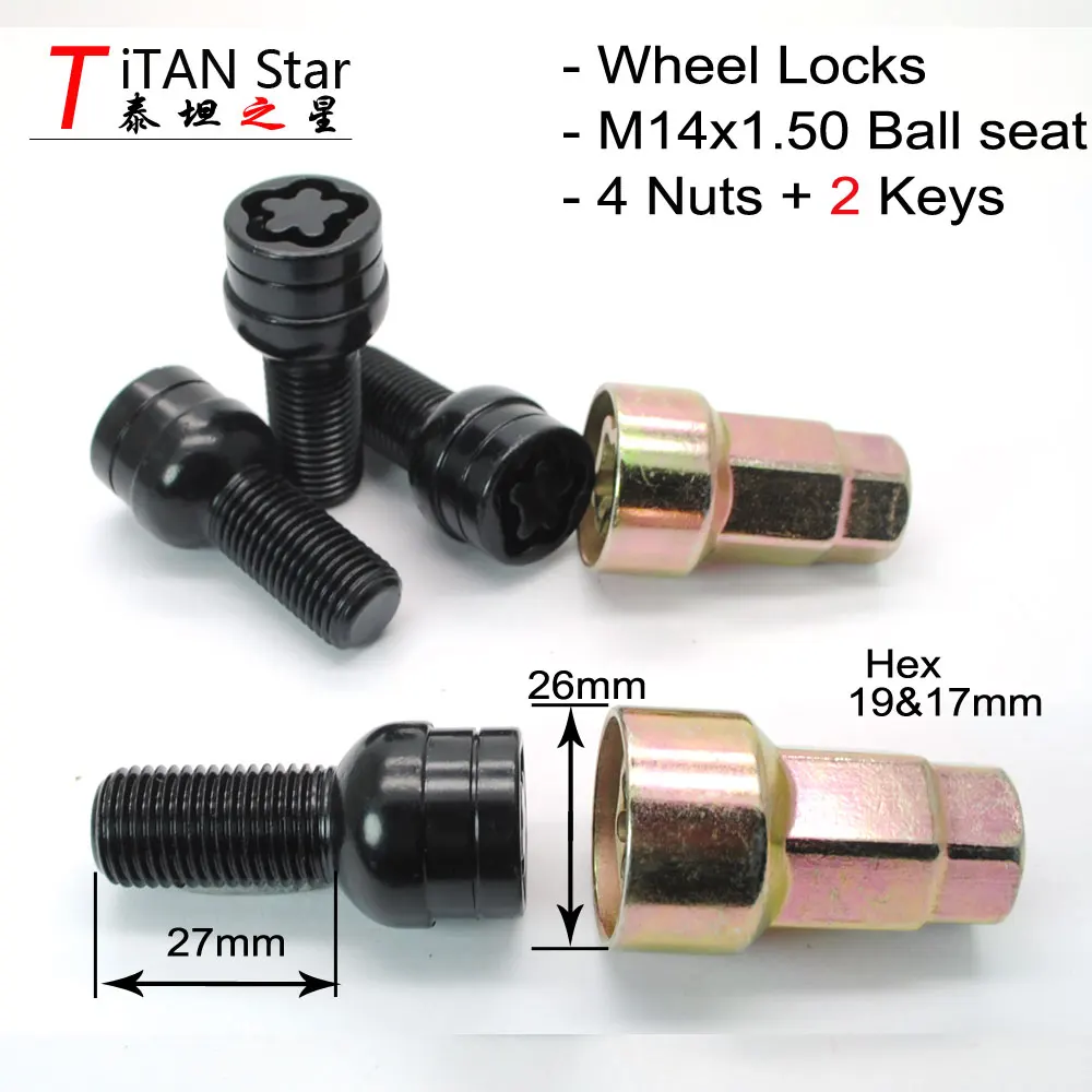 4 болта, 2 ключа, M14x1.5x27mm 1,5, Колесный болт для замка, противоскользящие диски, гайка для VW Golf 3 5 7 Jetta Beetle Passat b5 b6 b7 Jetta