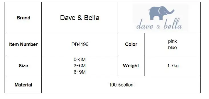 DB4196 dave bella/весенне-осенние комбинезоны для новорожденных; детские комбинезоны; одежда для малышей; Детские хлопковые комбинезоны
