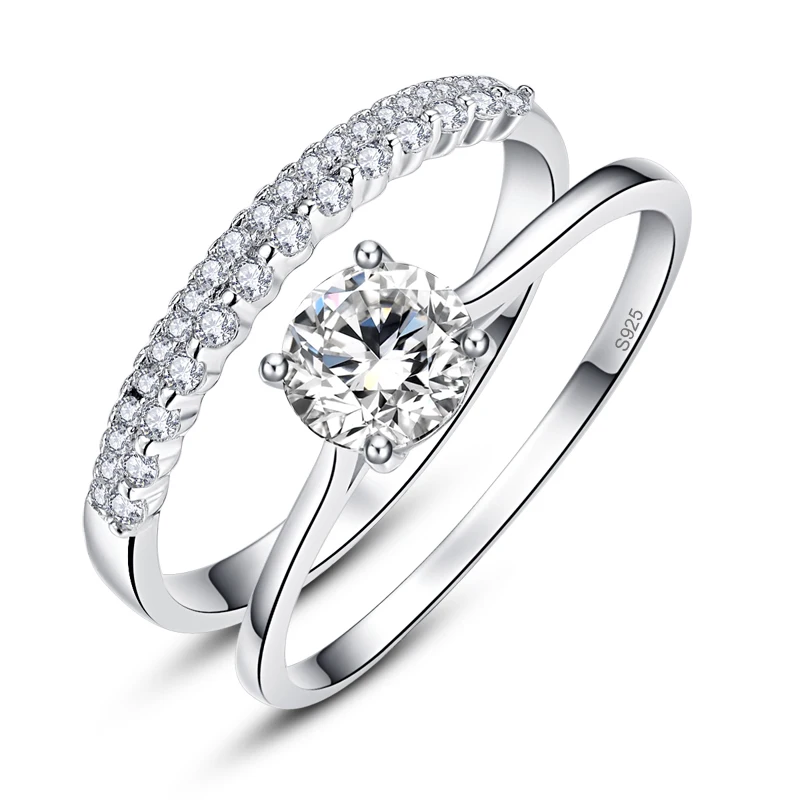 JQUEEN 0,9 карат набор колец круглой огранки из твердого 925 пробы серебра Bague 2 шт. обручальное свадебное кольцо набор ювелирных изделий с коробкой