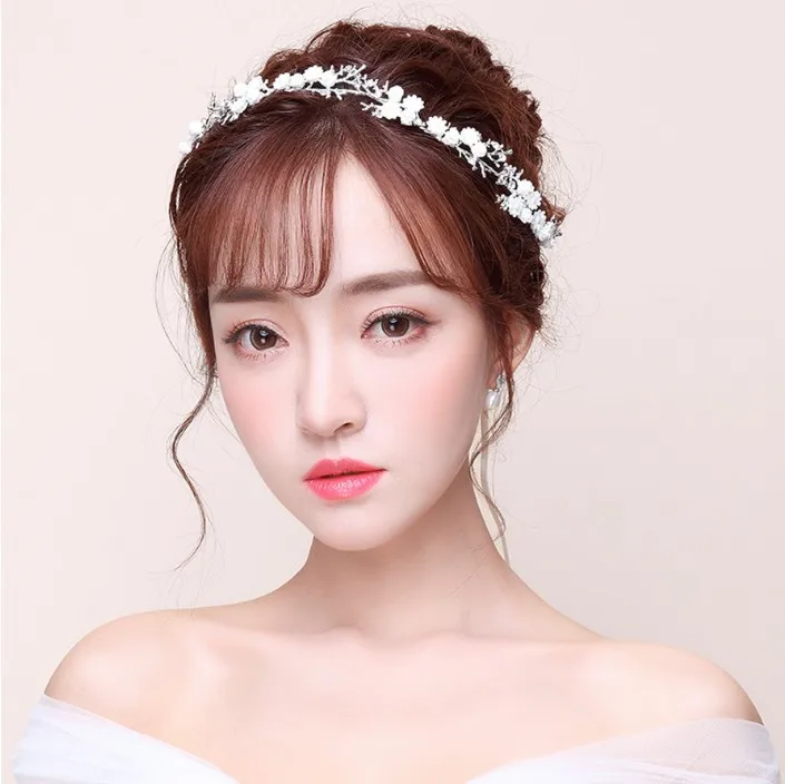 Gold White Flower Floral Crystal Pearl headband hair band Wedding Jewelry Headdress For Bride Handmade Hair Accessories | Украшения и