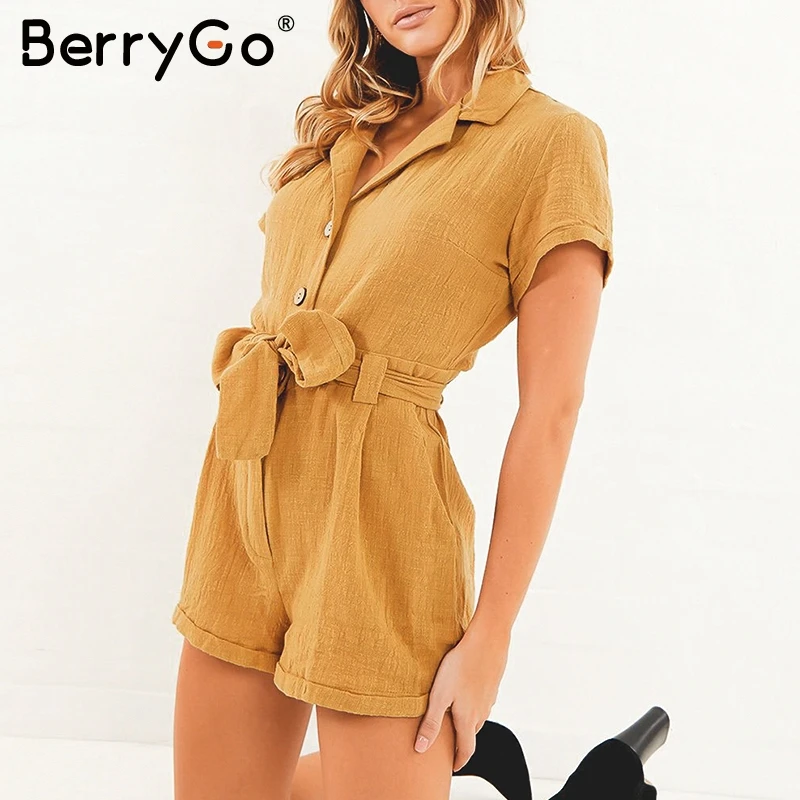 BerryGo офисные женские летние комбинезоны черные льняные пуговицы пояса