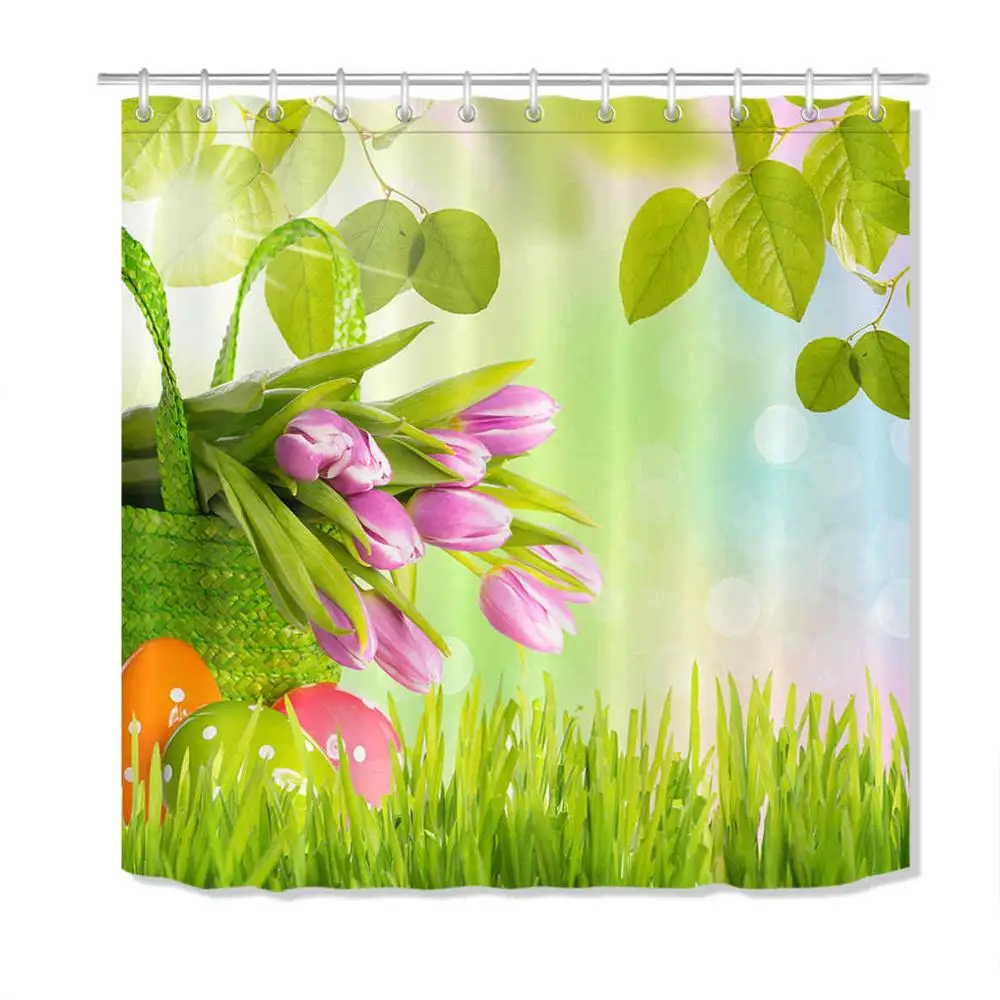 

Eggs Wooden Polyester Shower Curtain Easter Bathroom Flower Waterproof Washable Fabric Blue Bath Curtains Home Decor 12*hooks