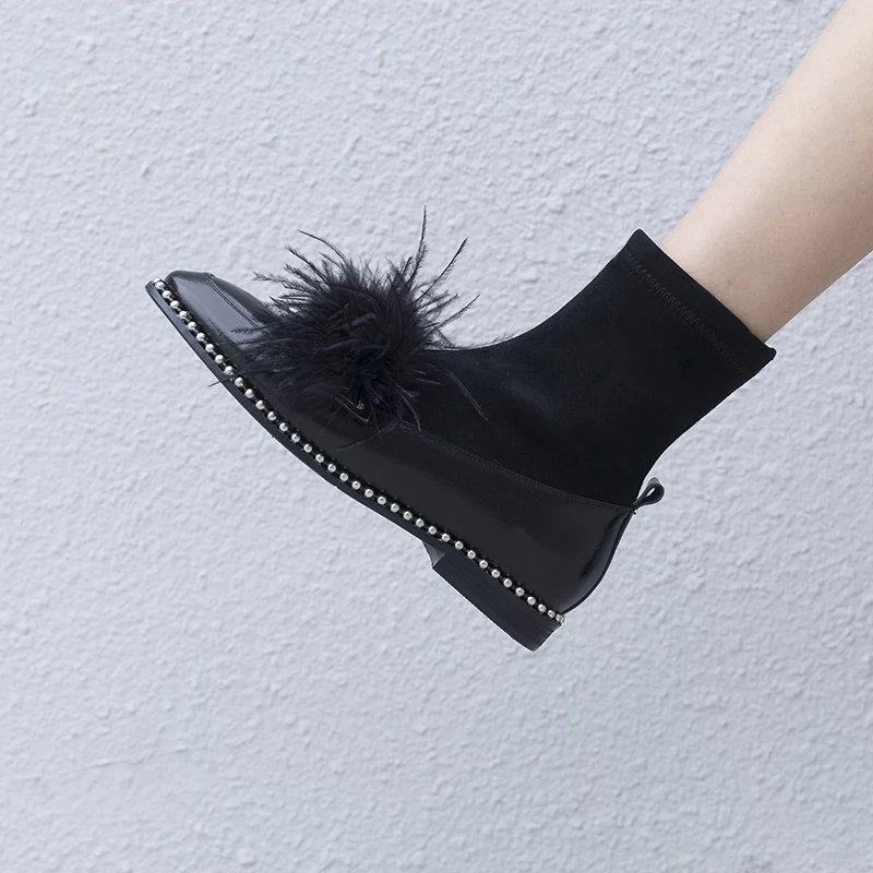XIUNINGYAN Shoes Woman Ankle Boots Genuine Leather Low Heels Metal Rivets Fashion Chelsea Winter Round Toe String Beading | Обувь