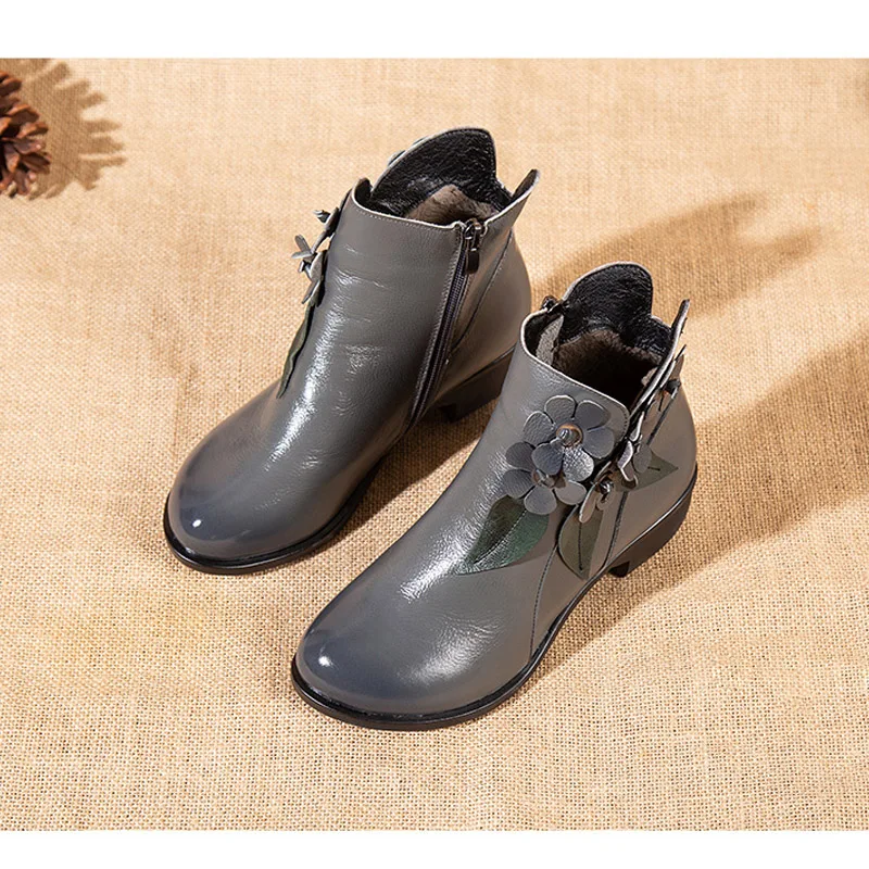 

YAERNI handmade shoes genuine leather women ankle boots flower comfort med heel retro zip floral square heel 786-L3E649