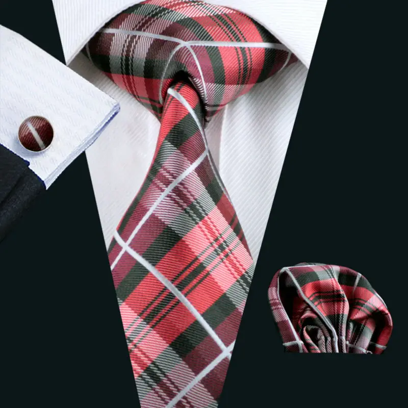 

LS-376 Hot New Men`s Tie Plaid 100% Silk Jacquard Woven Gravata Tie Hanky Cufflink Set For Men Formal Wedding Party Business