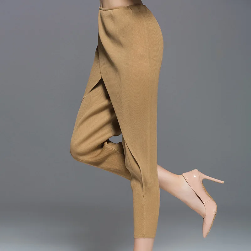 Changleat New High-end fashion Pleated women's pants original design irregular Solid Large size solid elastic waist fold pant 35
